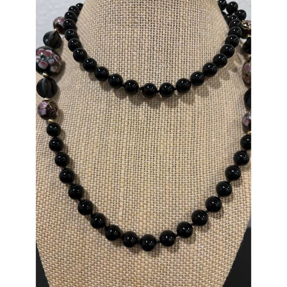 Vintage Black Stone Beads & Cloisonne Necklace - Picture 4 of 5